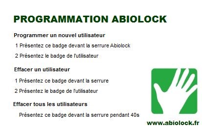 Badge programmation RFID proximité pour programmer les serrures  électroniques ABIOLOCK PS LOCKS